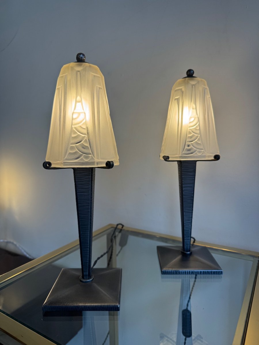 Pair Of Art Deco Lamps Signed Schneider (art Deco Lamp / Desk / Night Lights 1930 Charles-photo-2