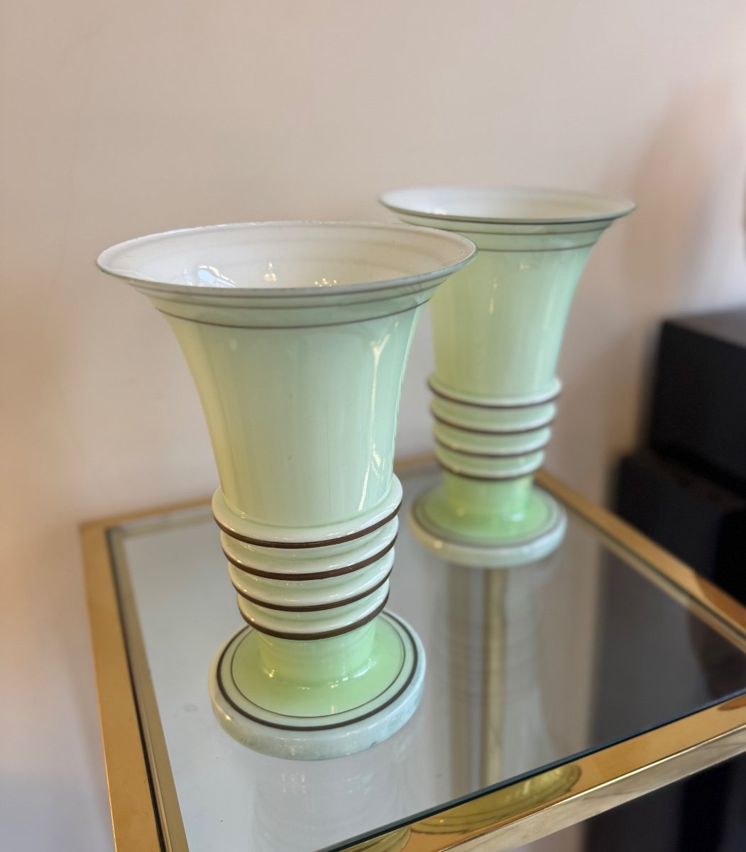 Paire De Vases Art Déco En Opaline Vert pastel Et Liserés Dorés ( Vase Art Deco 1930 ) -photo-2