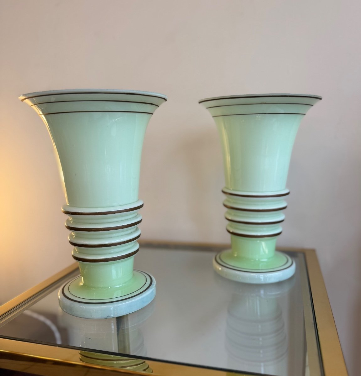 Paire De Vases Art Déco En Opaline Vert pastel Et Liserés Dorés ( Vase Art Deco 1930 ) -photo-5