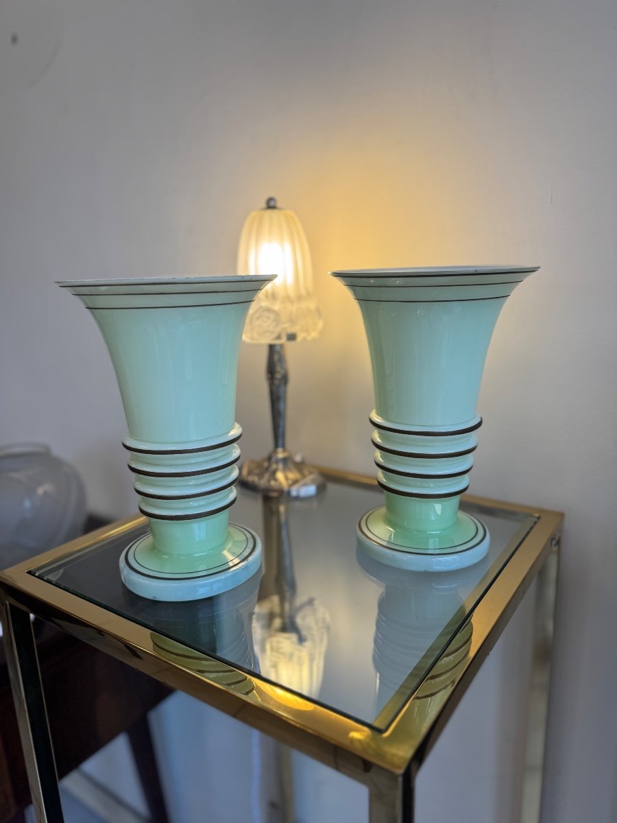 Paire De Vases Art Déco En Opaline Vert pastel Et Liserés Dorés ( Vase Art Deco 1930 ) -photo-6