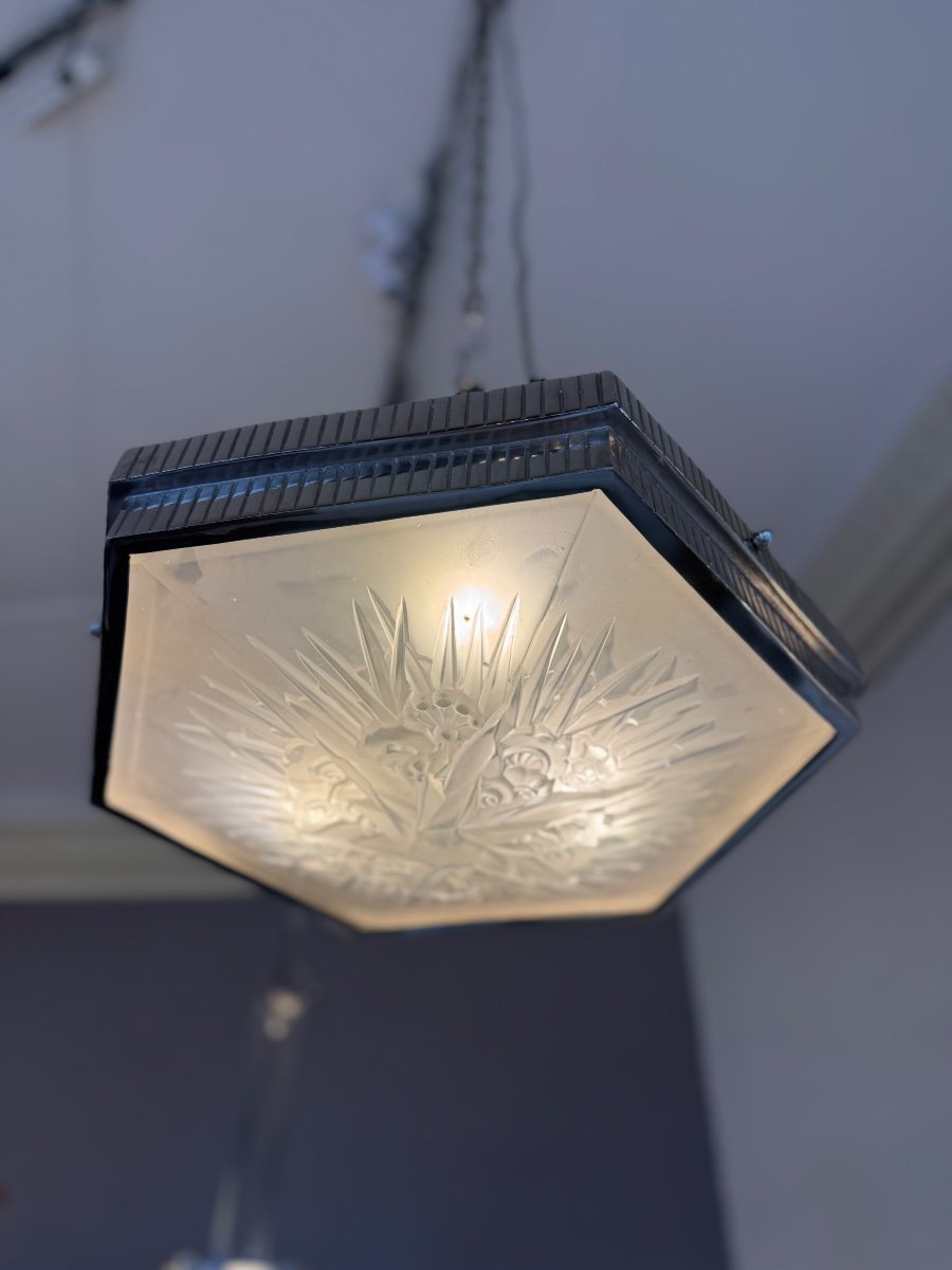Daum Lorrain Art Deco Ceiling Light Hexagonal Shape / Nickel Plated Bronze Art Deco Ceiling Light 1930-photo-3