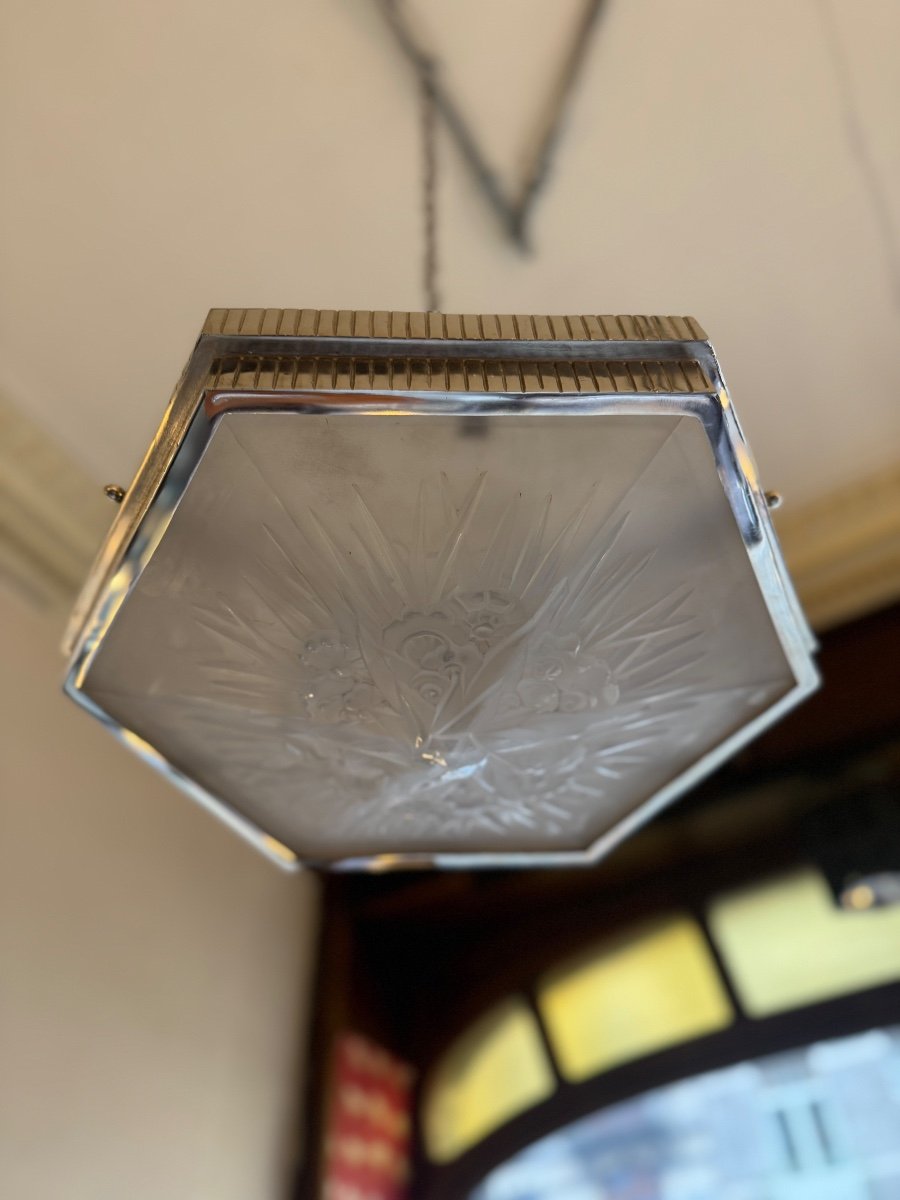 Daum Lorrain Art Deco Ceiling Light Hexagonal Shape / Nickel Plated Bronze Art Deco Ceiling Light 1930-photo-5