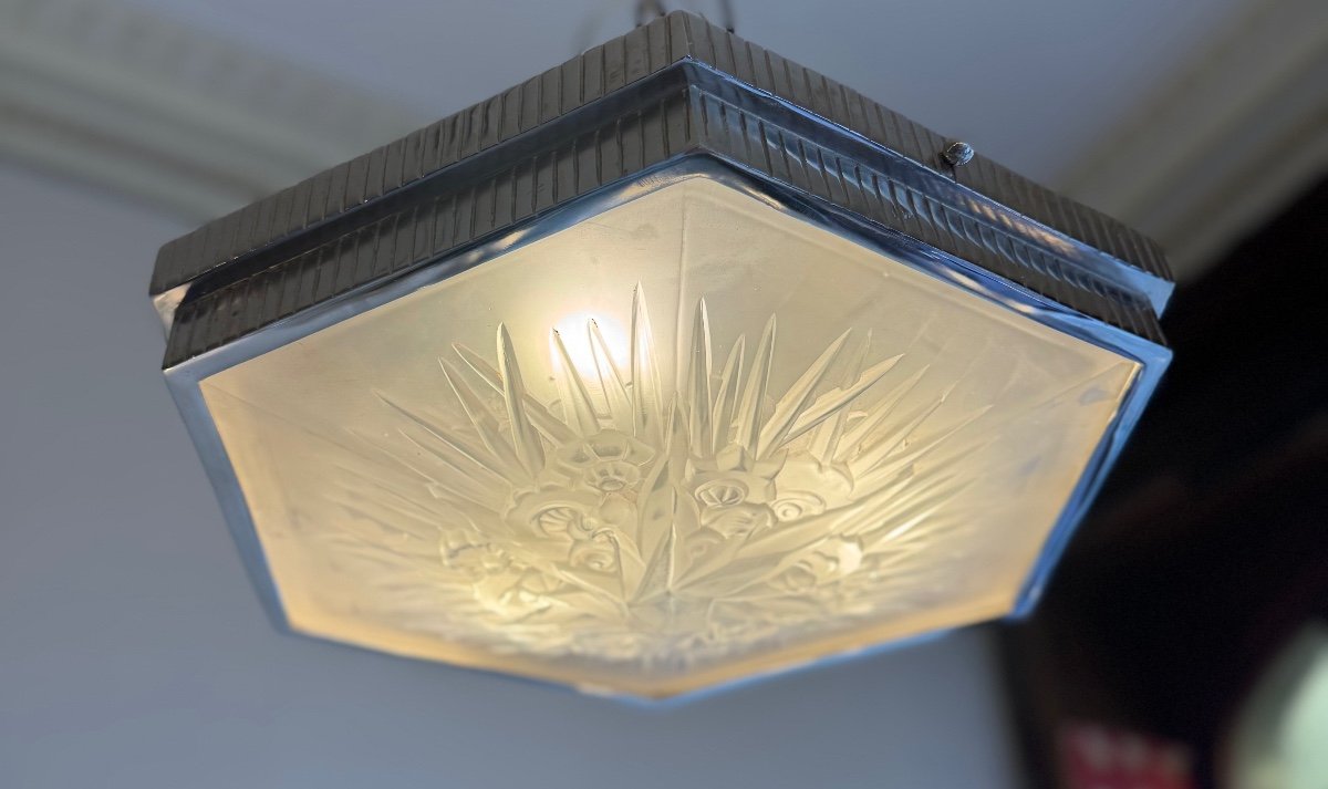 Daum Lorrain Art Deco Ceiling Light Hexagonal Shape / Nickel Plated Bronze Art Deco Ceiling Light 1930