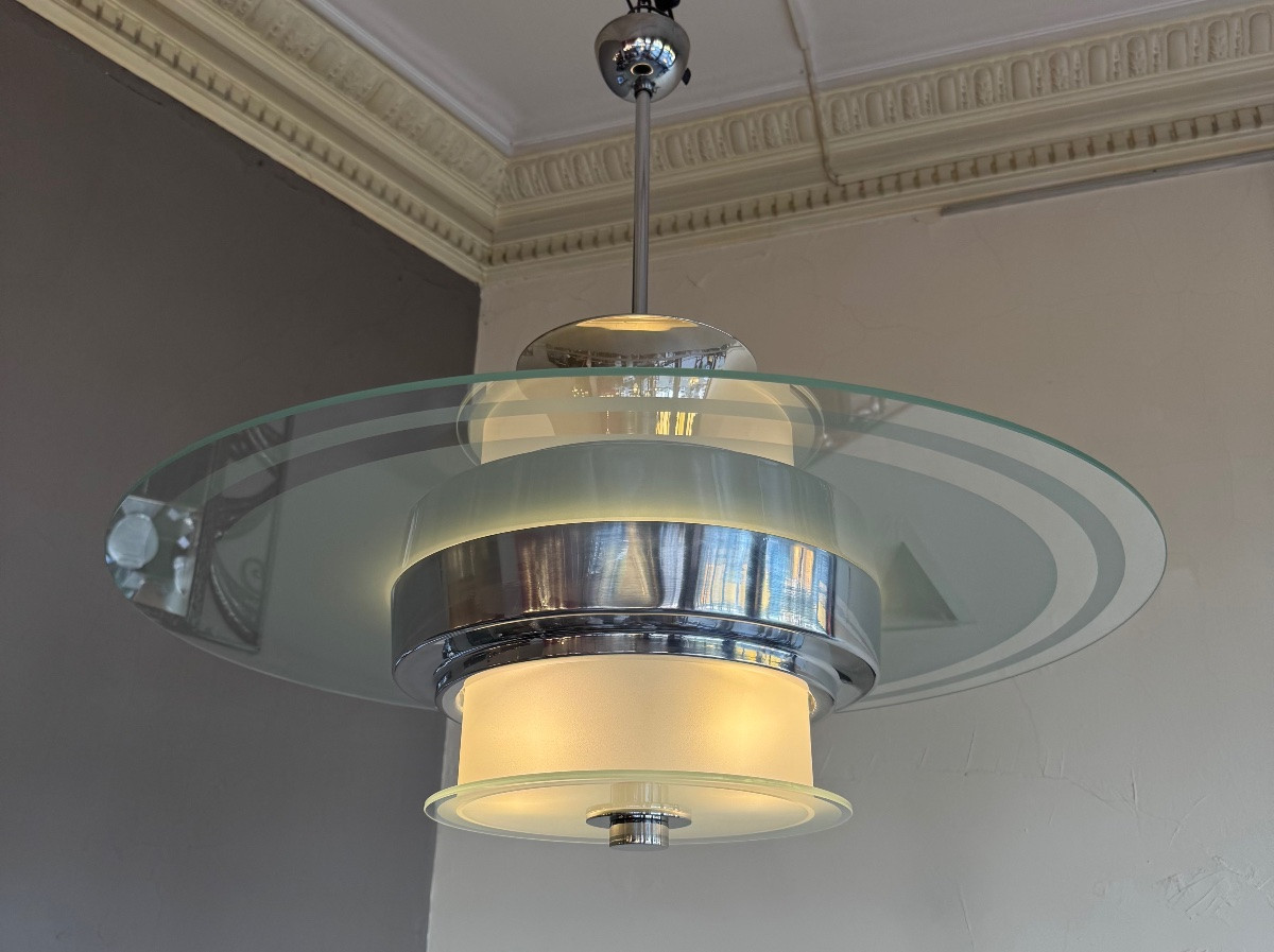 Modernist Art Deco Chandelier With Sandblasted Glass Disc / Optical And Chromed Metal (art Deco 1930) -photo-3