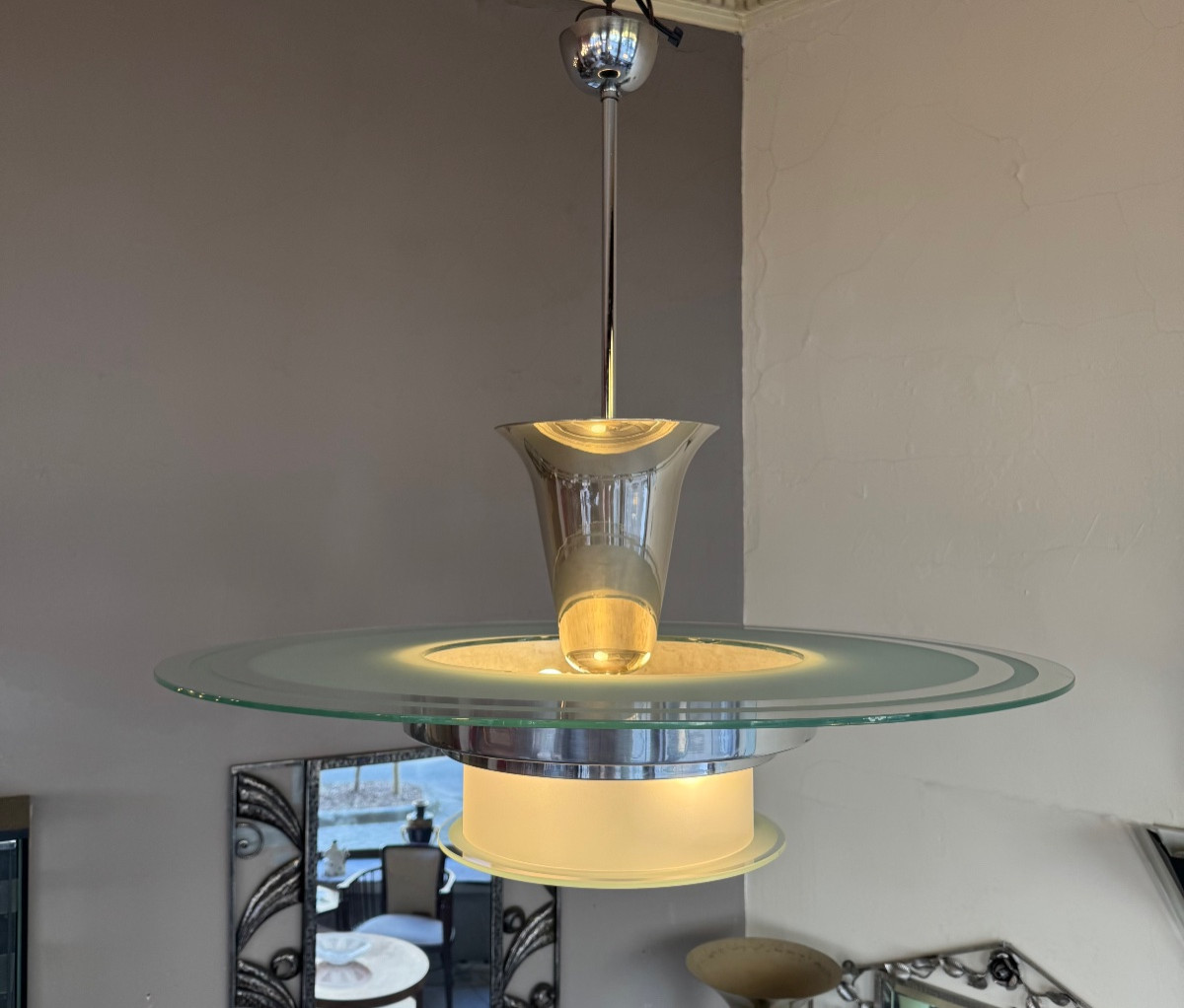 Modernist Art Deco Chandelier With Sandblasted Glass Disc / Optical And Chromed Metal (art Deco 1930) -photo-1