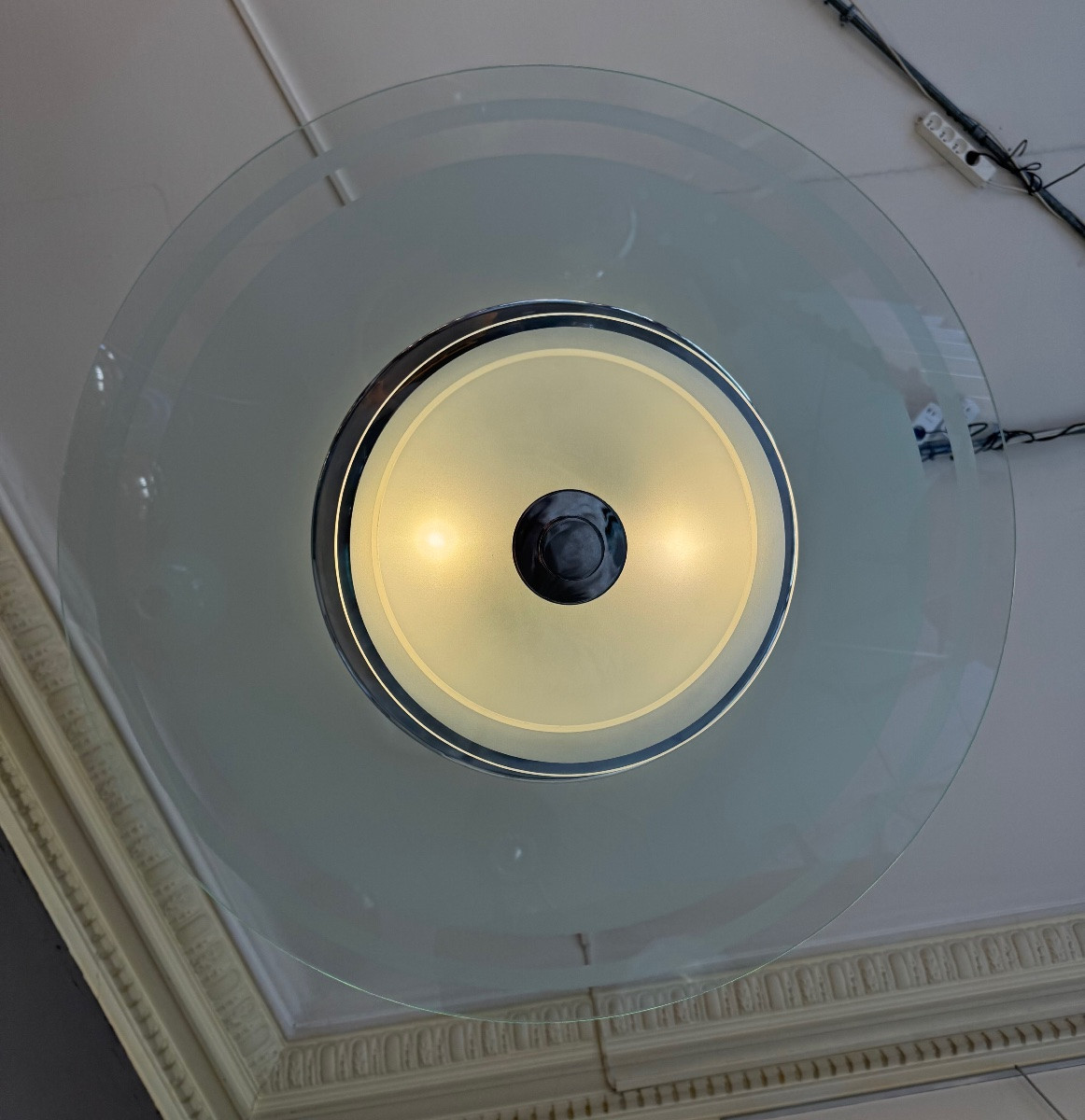 Modernist Art Deco Chandelier With Sandblasted Glass Disc / Optical And Chromed Metal (art Deco 1930) -photo-3