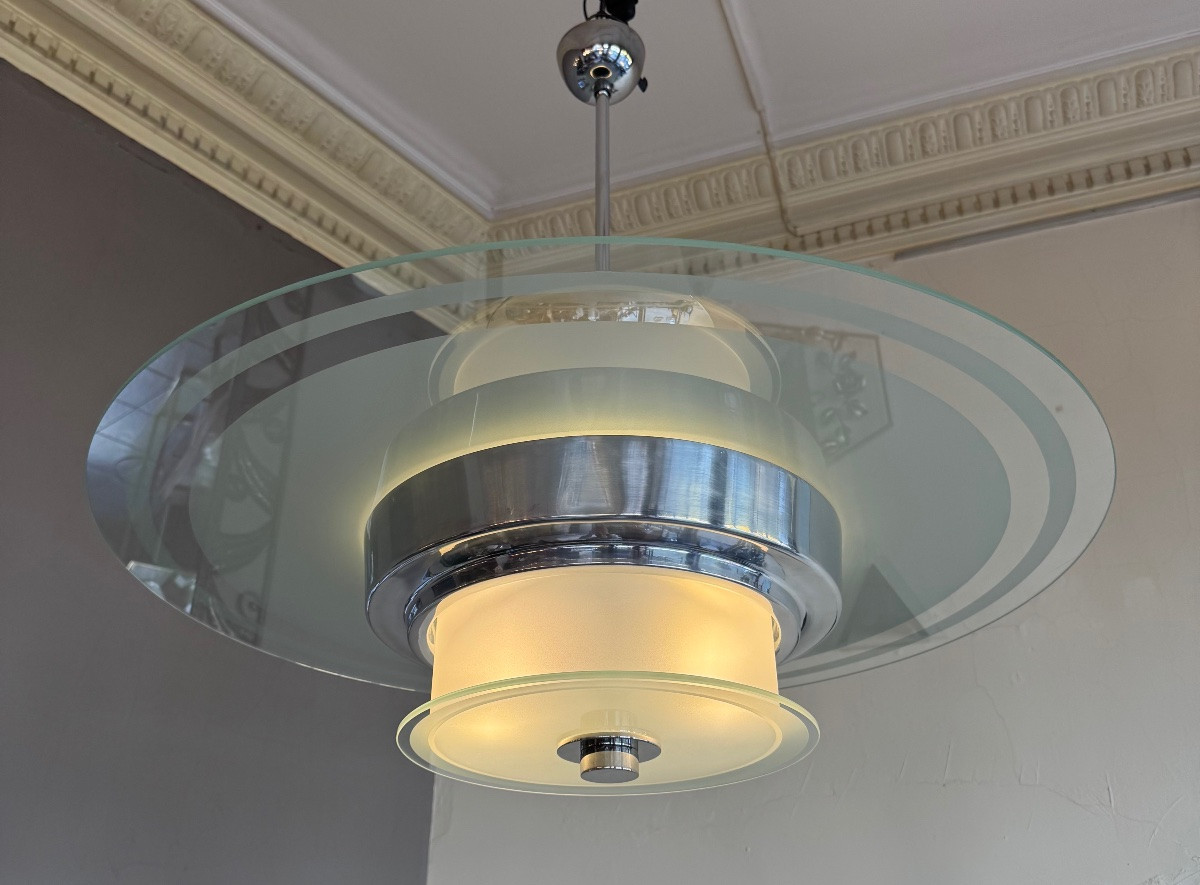 Modernist Art Deco Chandelier With Sandblasted Glass Disc / Optical And Chromed Metal (art Deco 1930) -photo-5