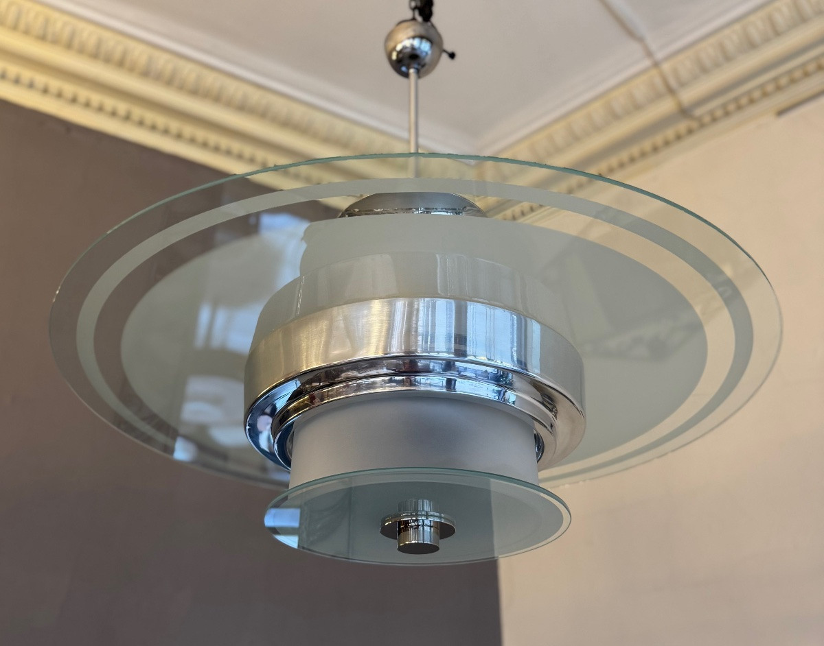 Modernist Art Deco Chandelier With Sandblasted Glass Disc / Optical And Chromed Metal (art Deco 1930) -photo-6