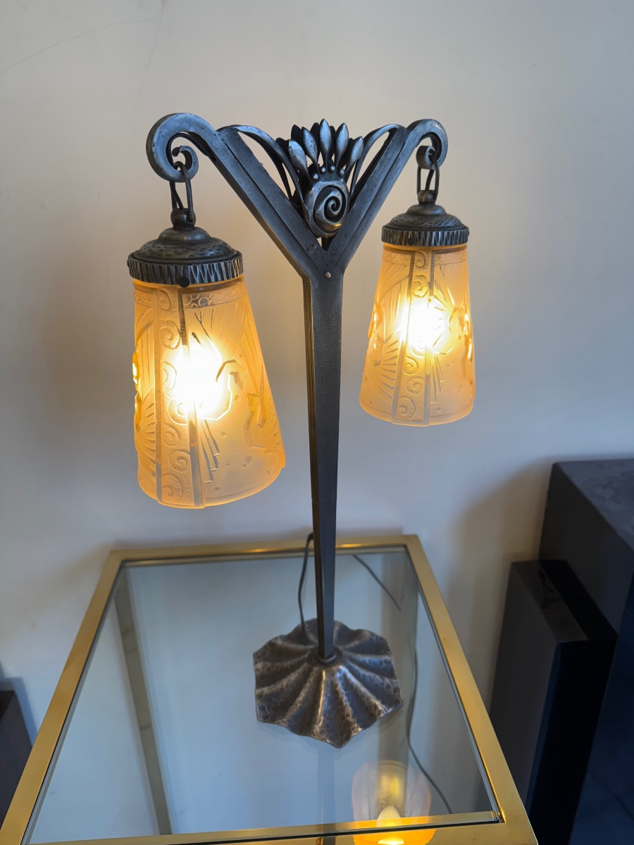 Importante Lampe Art Déco Signée Müller Frères « Aux Paons » Saumonée / Fer Forgé Art Deco 1930-photo-3