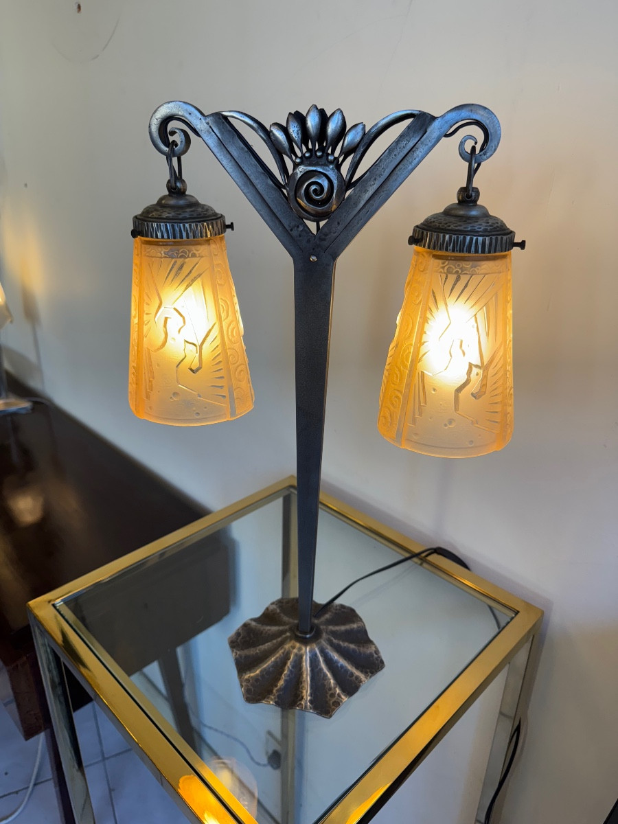 Importante Lampe Art Déco Signée Müller Frères « Aux Paons » Saumonée / Fer Forgé Art Deco 1930-photo-4