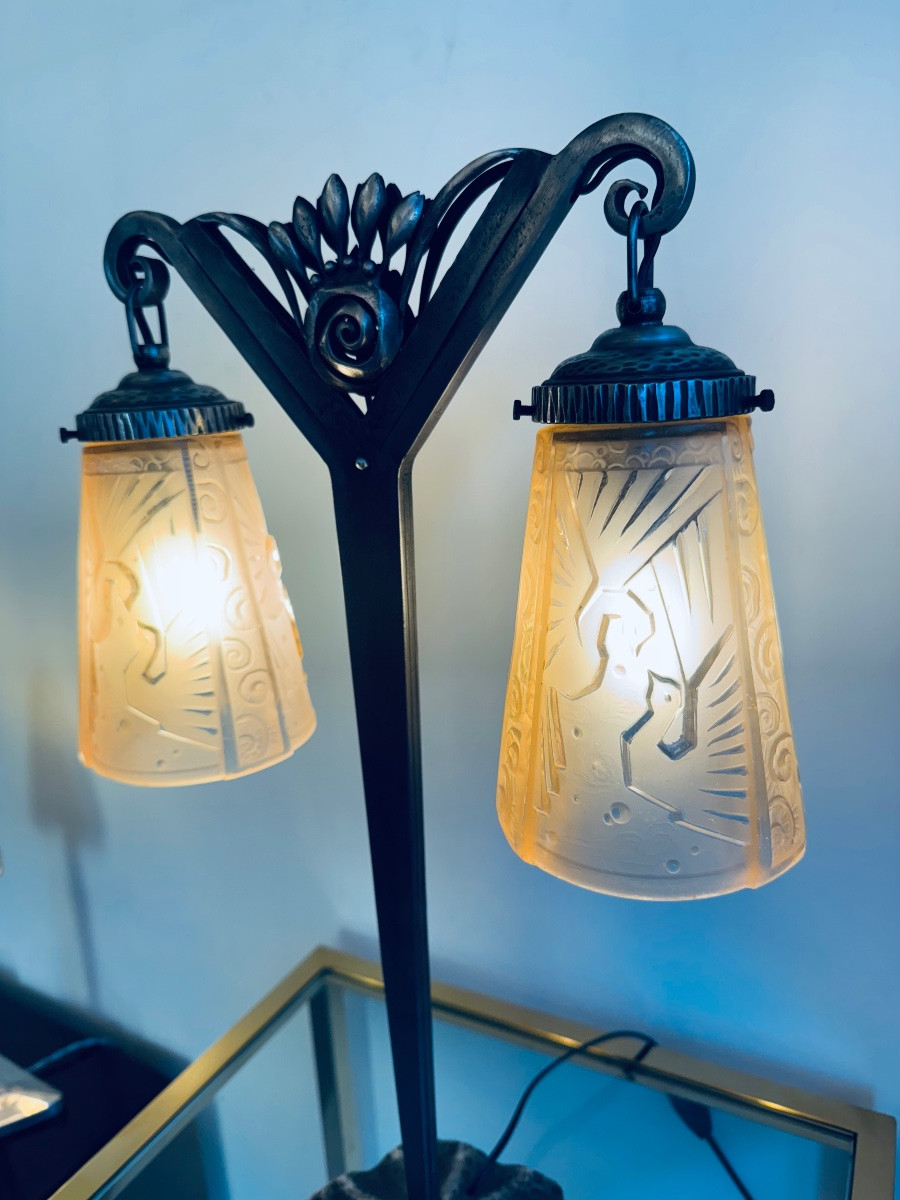 Importante Lampe Art Déco Signée Müller Frères « Aux Paons » Saumonée / Fer Forgé Art Deco 1930-photo-1