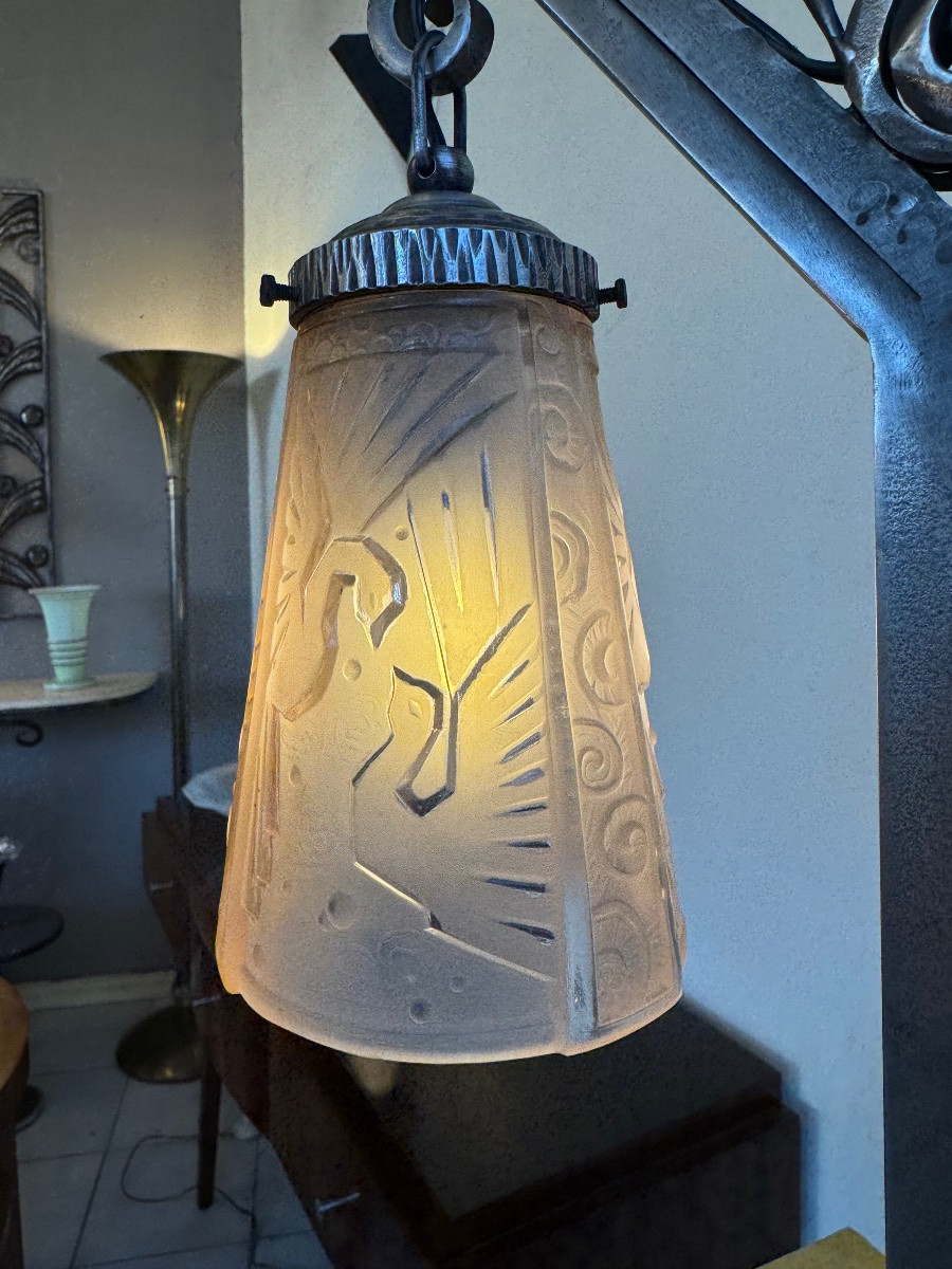 Importante Lampe Art Déco Signée Müller Frères « Aux Paons » Saumonée / Fer Forgé Art Deco 1930-photo-3