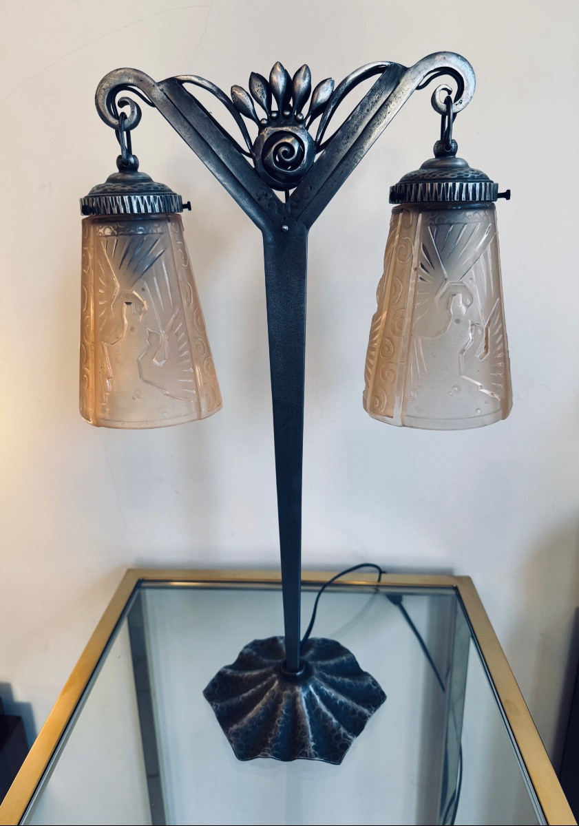 Importante Lampe Art Déco Signée Müller Frères « Aux Paons » Saumonée / Fer Forgé Art Deco 1930-photo-8