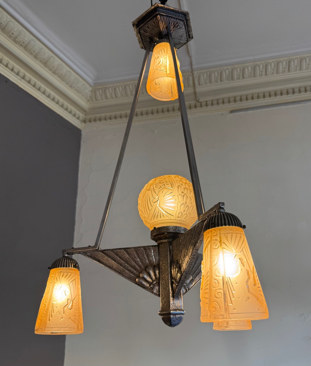 Rare Art Deco Chandelier Müller Frères Lunéville “with Peacocks” Signed (art Deco Suspension 1930)-photo-3