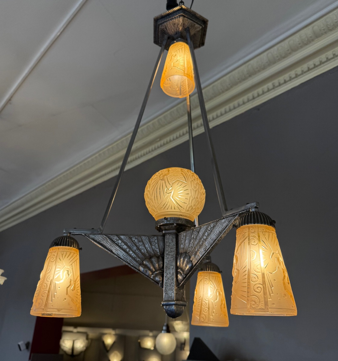 Rare Art Deco Chandelier Müller Frères Lunéville “with Peacocks” Signed (art Deco Suspension 1930)-photo-4