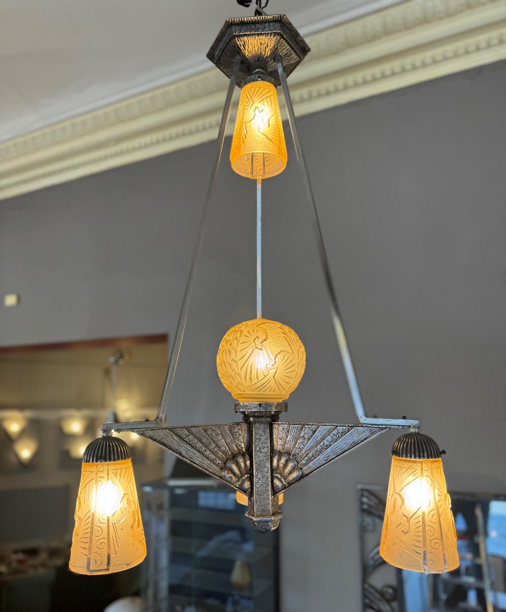 Rare Art Deco Chandelier Müller Frères Lunéville “with Peacocks” Signed (art Deco Suspension 1930)-photo-1