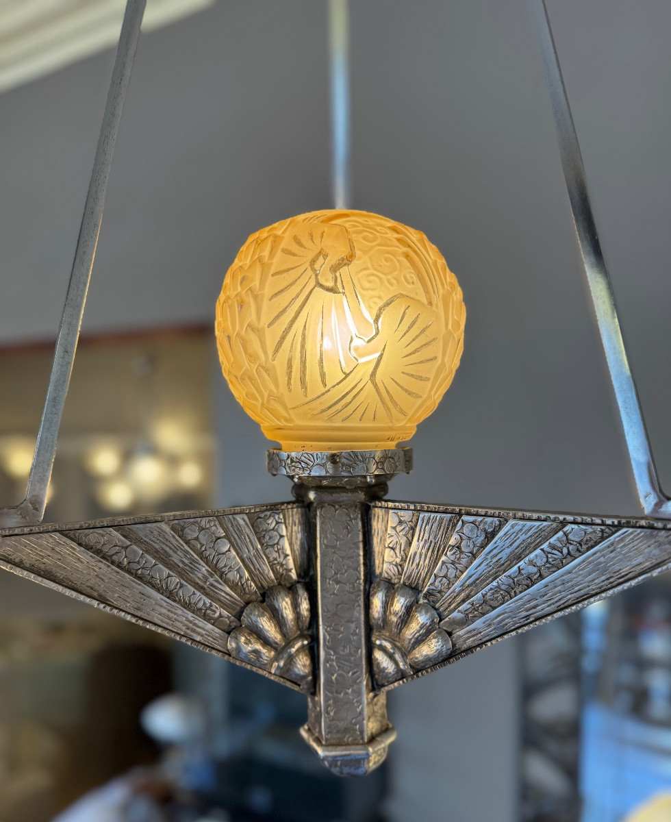 Rare Art Deco Chandelier Müller Frères Lunéville “with Peacocks” Signed (art Deco Suspension 1930)-photo-2