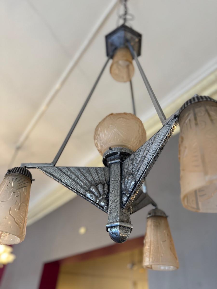 Rare Art Deco Chandelier Müller Frères Lunéville “with Peacocks” Signed (art Deco Suspension 1930)-photo-4
