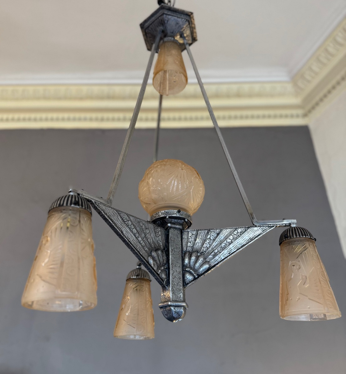 Rare Art Deco Chandelier Müller Frères Lunéville “with Peacocks” Signed (art Deco Suspension 1930)-photo-5