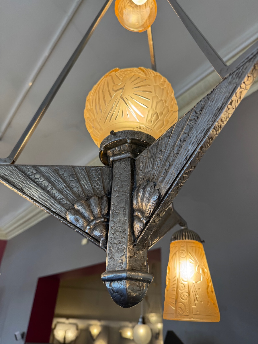 Rare Art Deco Chandelier Müller Frères Lunéville “with Peacocks” Signed (art Deco Suspension 1930)-photo-8