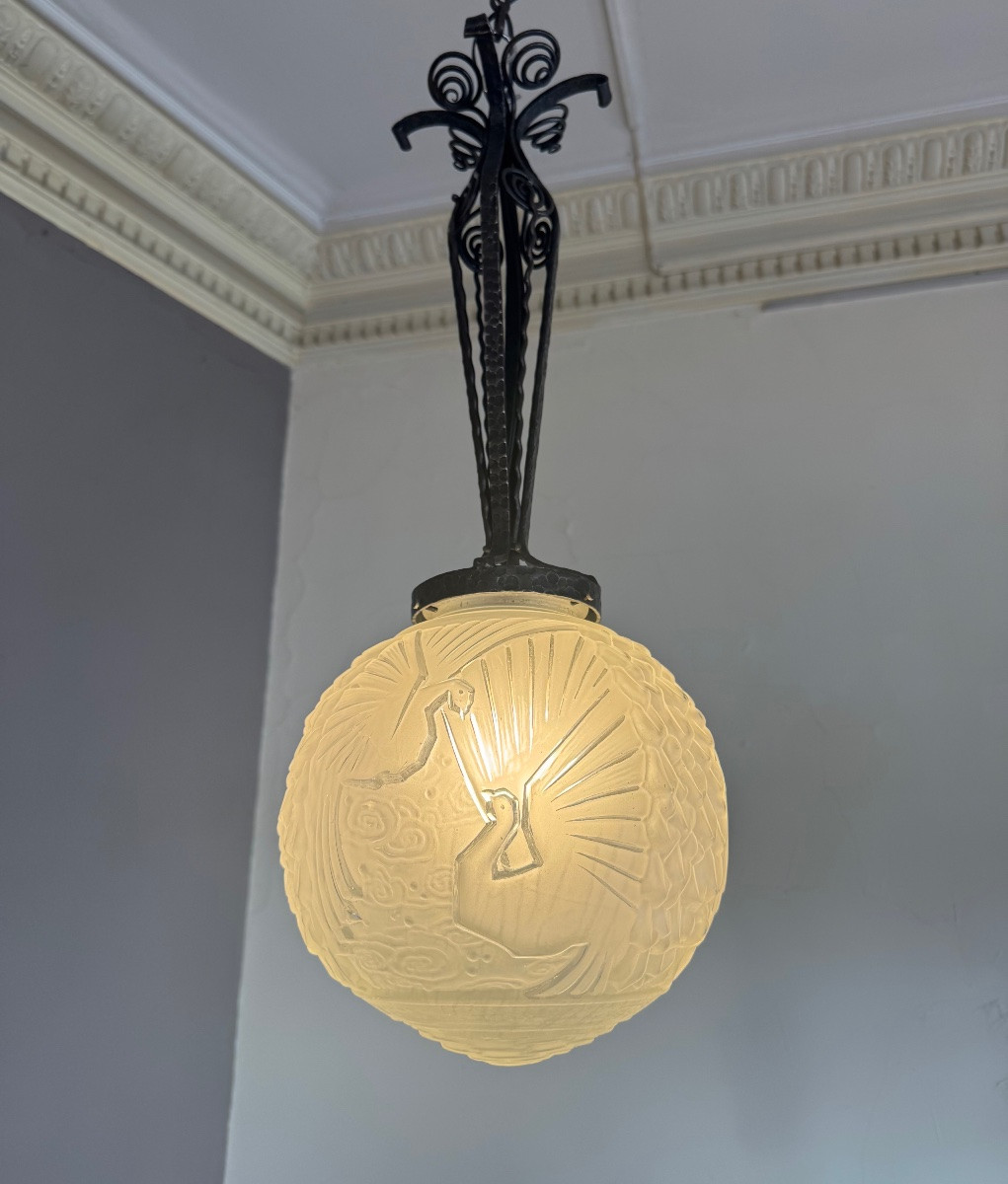Art Deco Pendant / Ceiling Light "peacock Ball" Müller Frères Signed Art Deco Chandelier 1930-photo-2