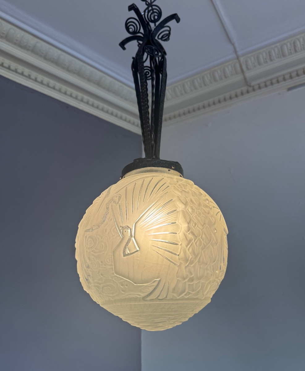 Art Deco Pendant / Ceiling Light "peacock Ball" Müller Frères Signed Art Deco Chandelier 1930-photo-2