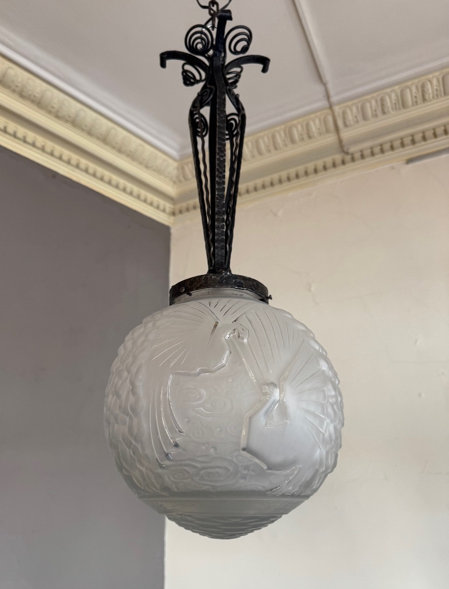 Art Deco Pendant / Ceiling Light "peacock Ball" Müller Frères Signed Art Deco Chandelier 1930-photo-4