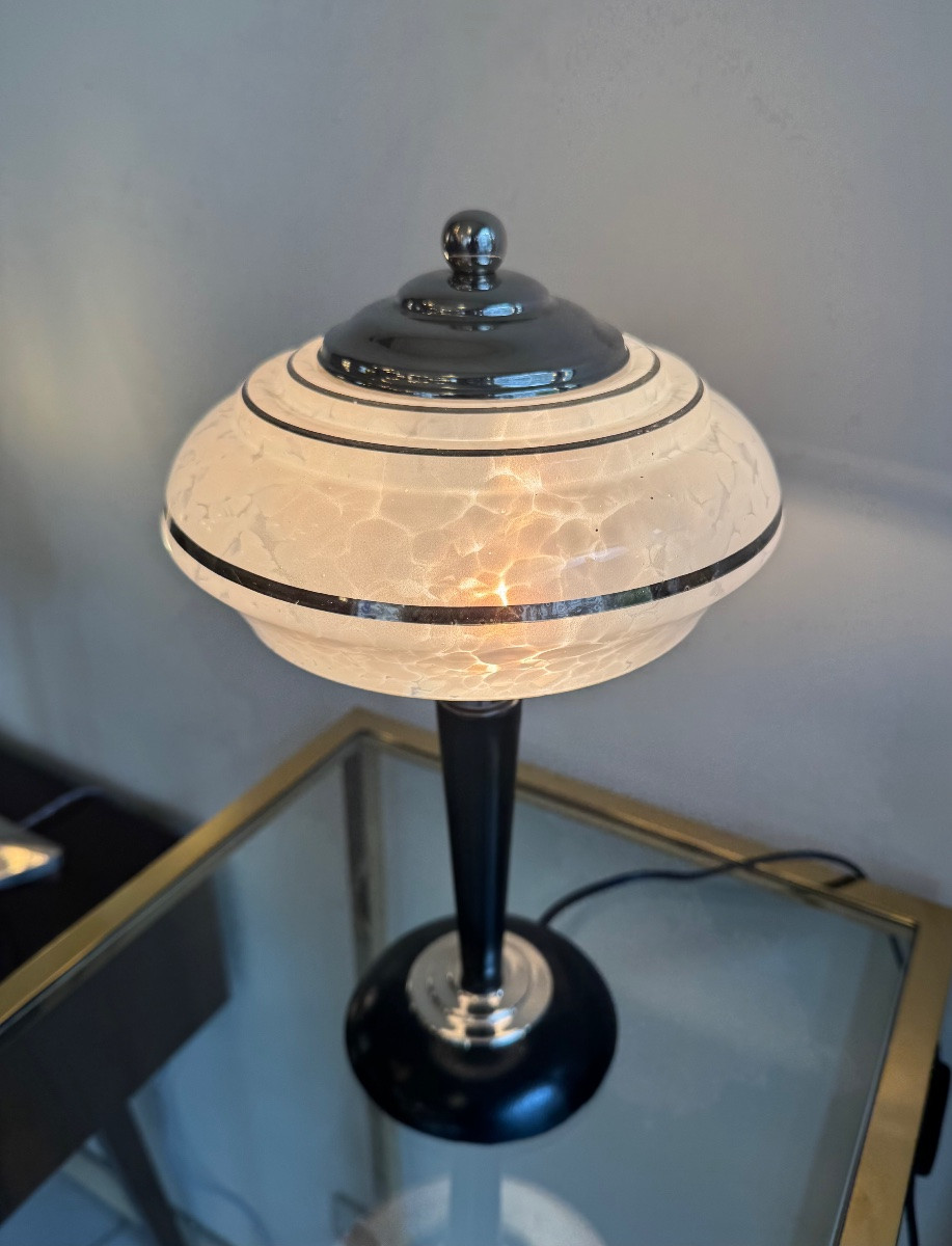 Art Deco Lamp By Verrerie De Clichy In White Speckled Glass / Wood And Chrome Base (1930 Art Deco)-photo-2