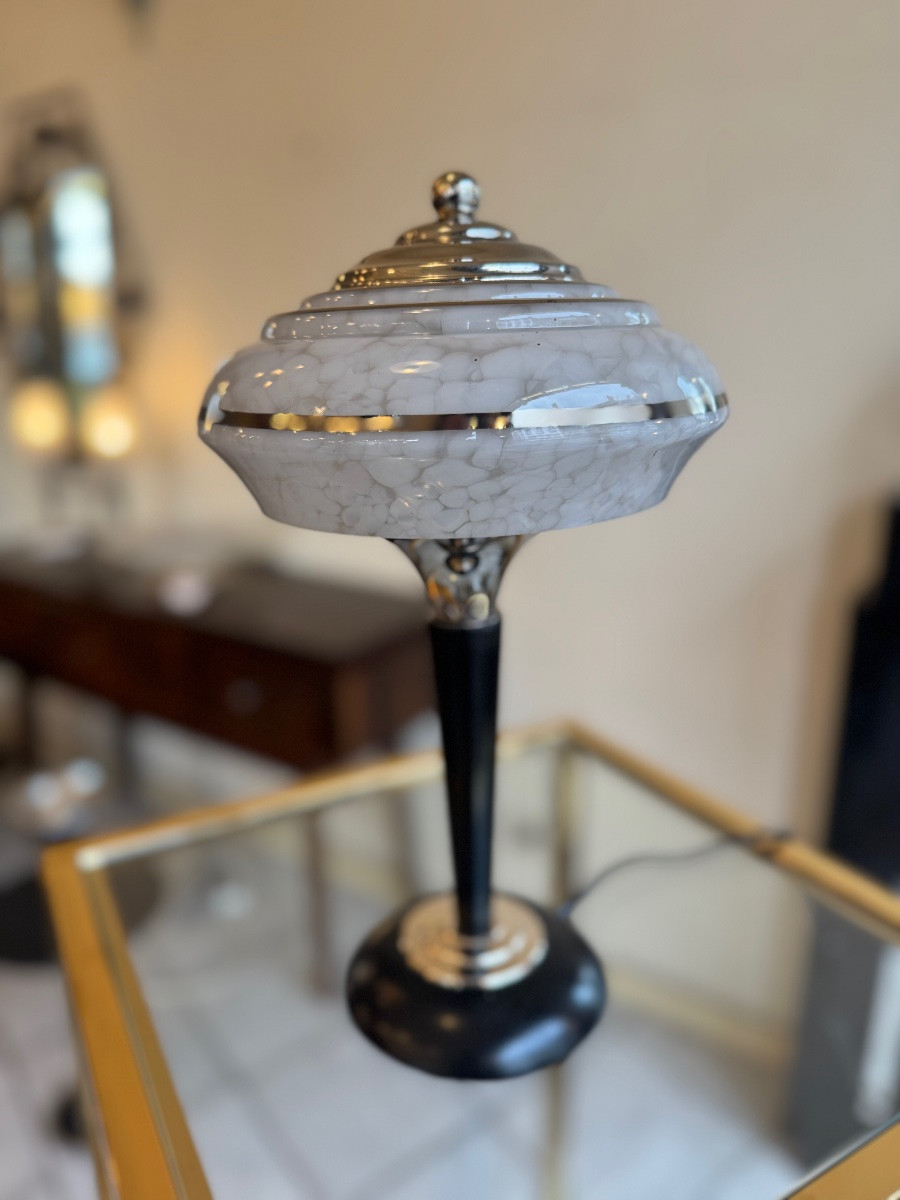 Art Deco Lamp By Verrerie De Clichy In White Speckled Glass / Wood And Chrome Base (1930 Art Deco)-photo-6