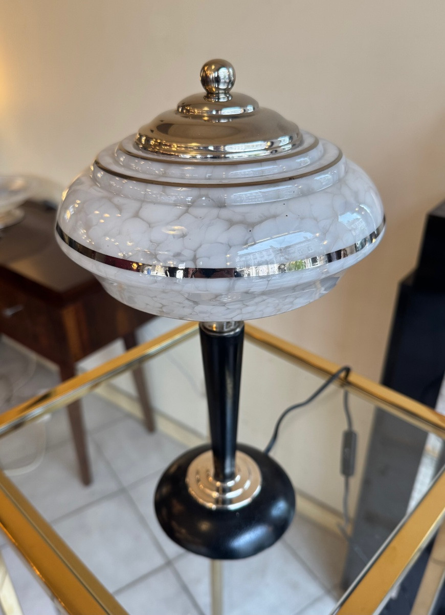 Art Deco Lamp By Verrerie De Clichy In White Speckled Glass / Wood And Chrome Base (1930 Art Deco)-photo-7