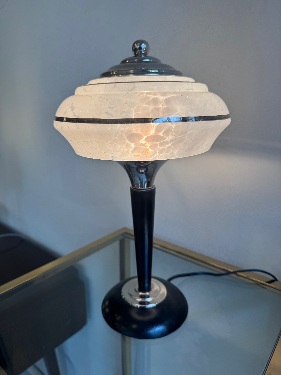 Art Deco Lamp By Verrerie De Clichy In White Speckled Glass / Wood And Chrome Base (1930 Art Deco)