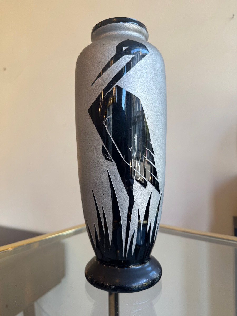 Paul Heller Art Decor Vase / Artver “with Storks” / Hyalite Glass (art Deco 1930) -photo-2