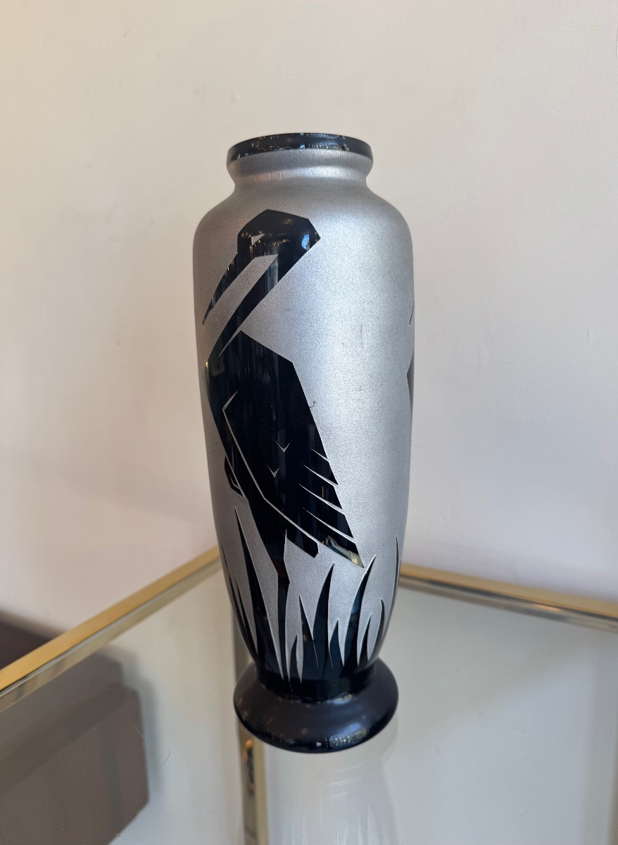 Paul Heller Art Decor Vase / Artver “with Storks” / Hyalite Glass (art Deco 1930) -photo-3