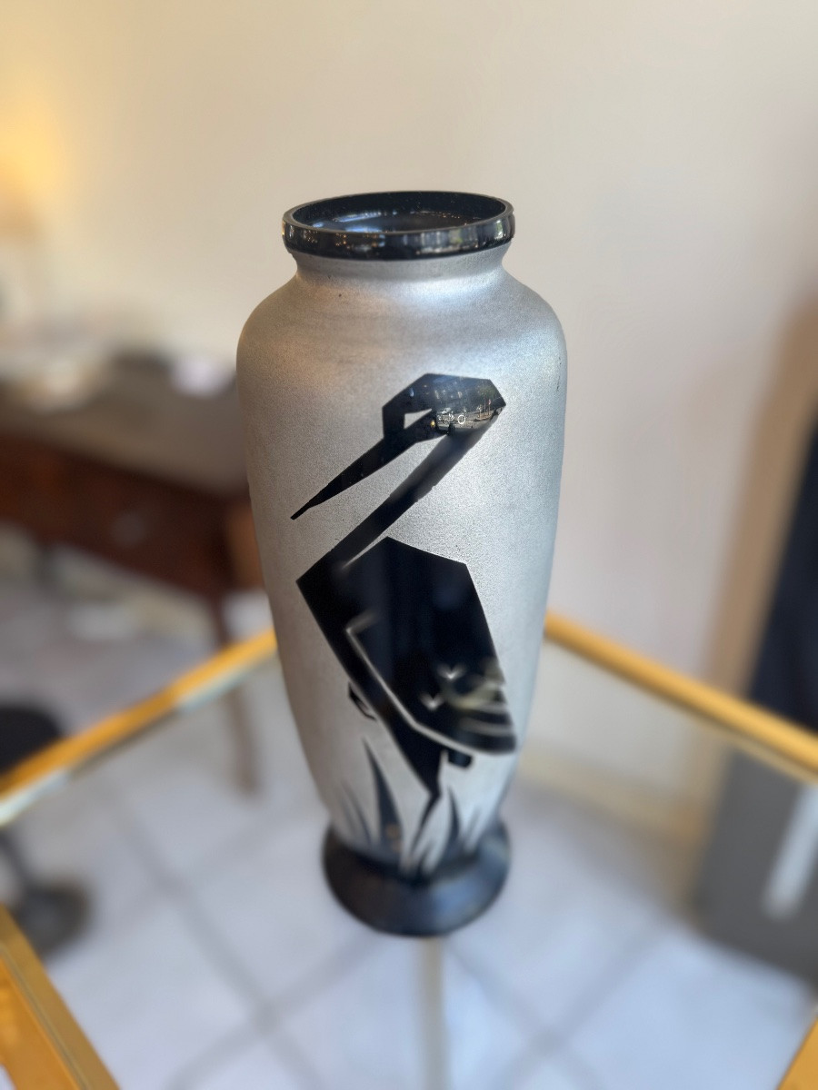 Paul Heller Art Decor Vase / Artver “with Storks” / Hyalite Glass (art Deco 1930) -photo-4
