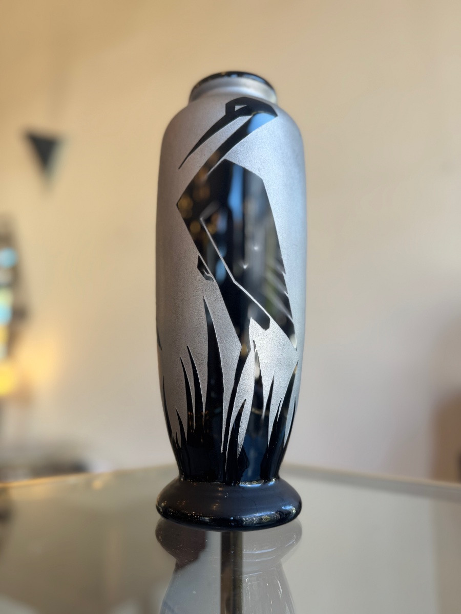 Paul Heller Art Decor Vase / Artver “with Storks” / Hyalite Glass (art Deco 1930) -photo-1