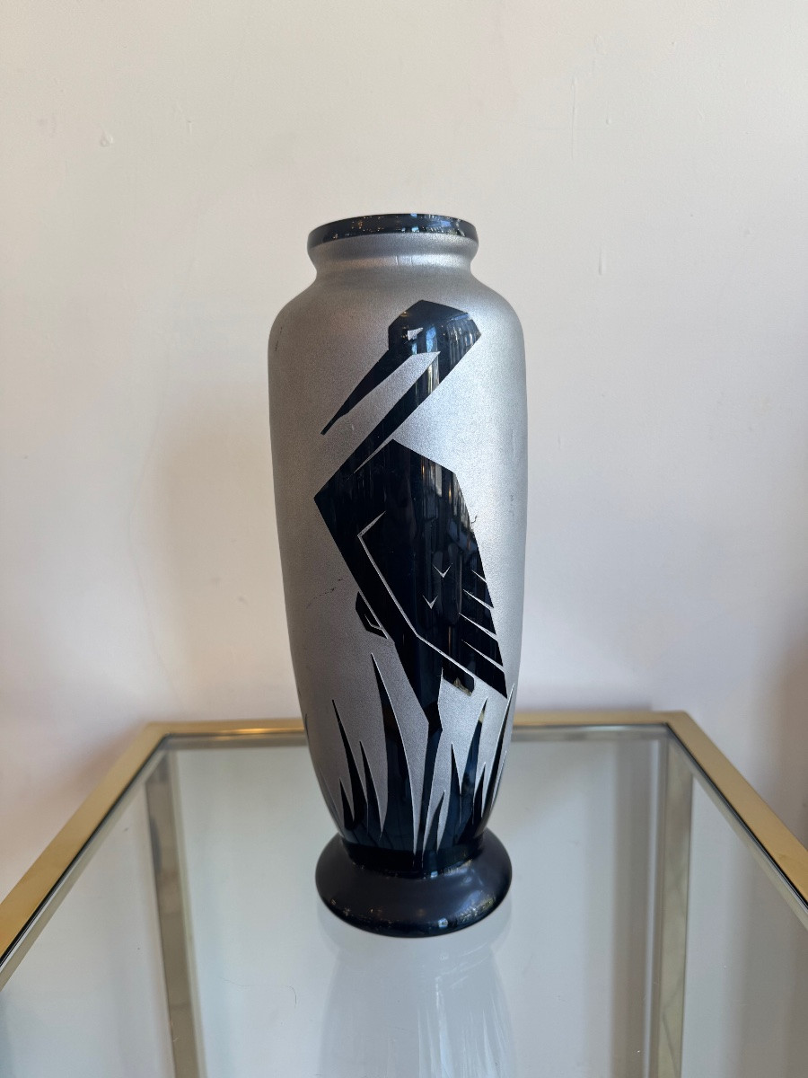 Paul Heller Art Decor Vase / Artver “with Storks” / Hyalite Glass (art Deco 1930) -photo-3