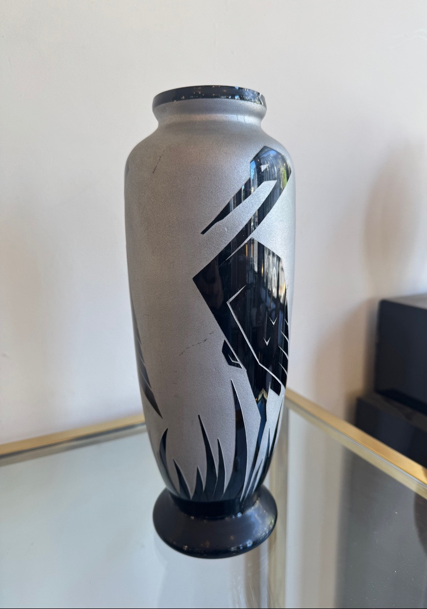 Paul Heller Art Decor Vase / Artver “with Storks” / Hyalite Glass (art Deco 1930) -photo-4
