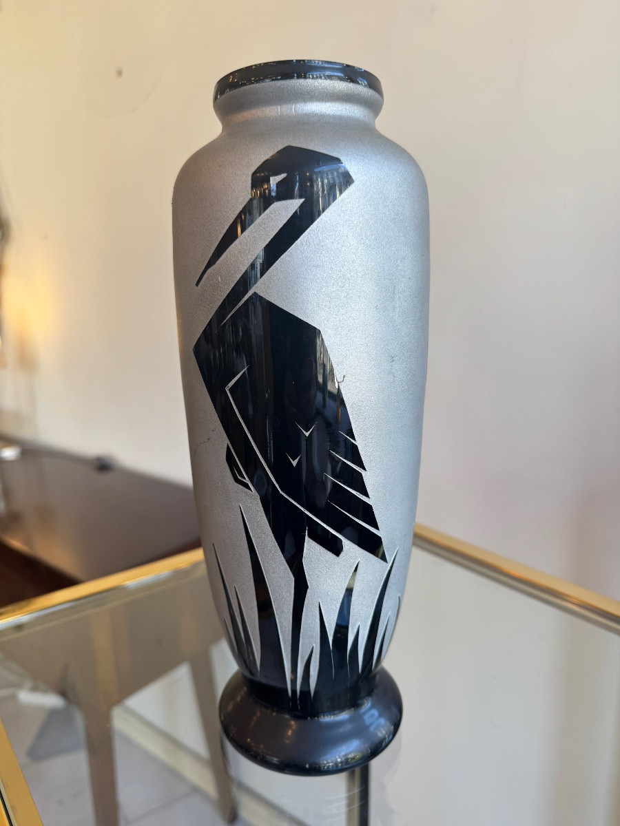 Paul Heller Art Decor Vase / Artver “with Storks” / Hyalite Glass (art Deco 1930) -photo-7