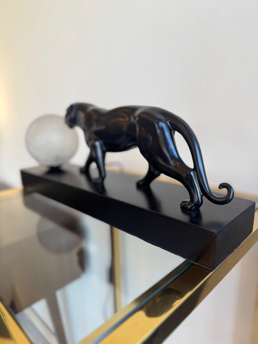 Art Deco Lamp / Spelter “panther On The March” With Black Patina (art Deco Lamps 1930) -photo-7