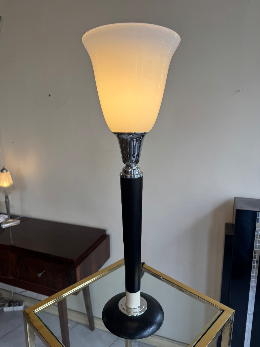 Mazda Modernist Art Deco Lamp With Ivory And Chrome Metal Ring (art Deco Lamps 1930) -photo-2