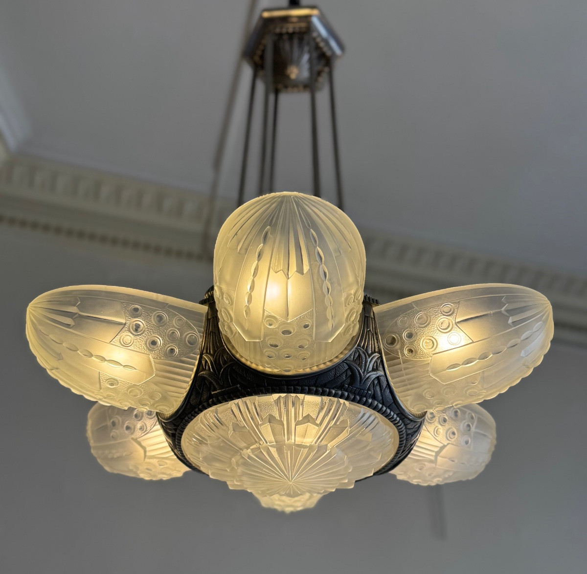 Exceptional Art Deco Chandelier Georges Leleu Numbered “lr 2220” / 7 Plates (art Deco 1930)-photo-3