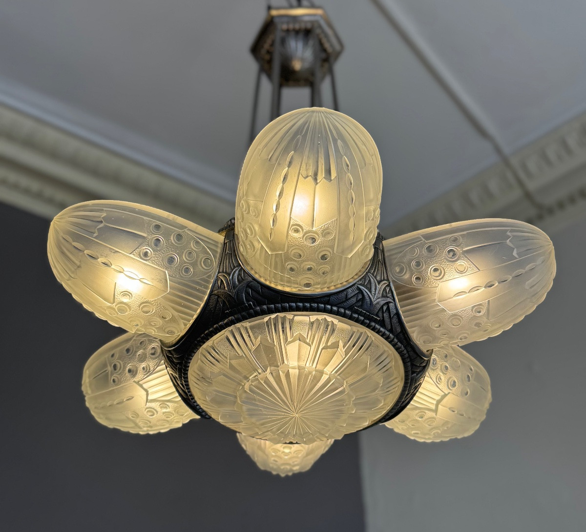 Exceptional Art Deco Chandelier Georges Leleu Numbered “lr 2220” / 7 Plates (art Deco 1930)-photo-4