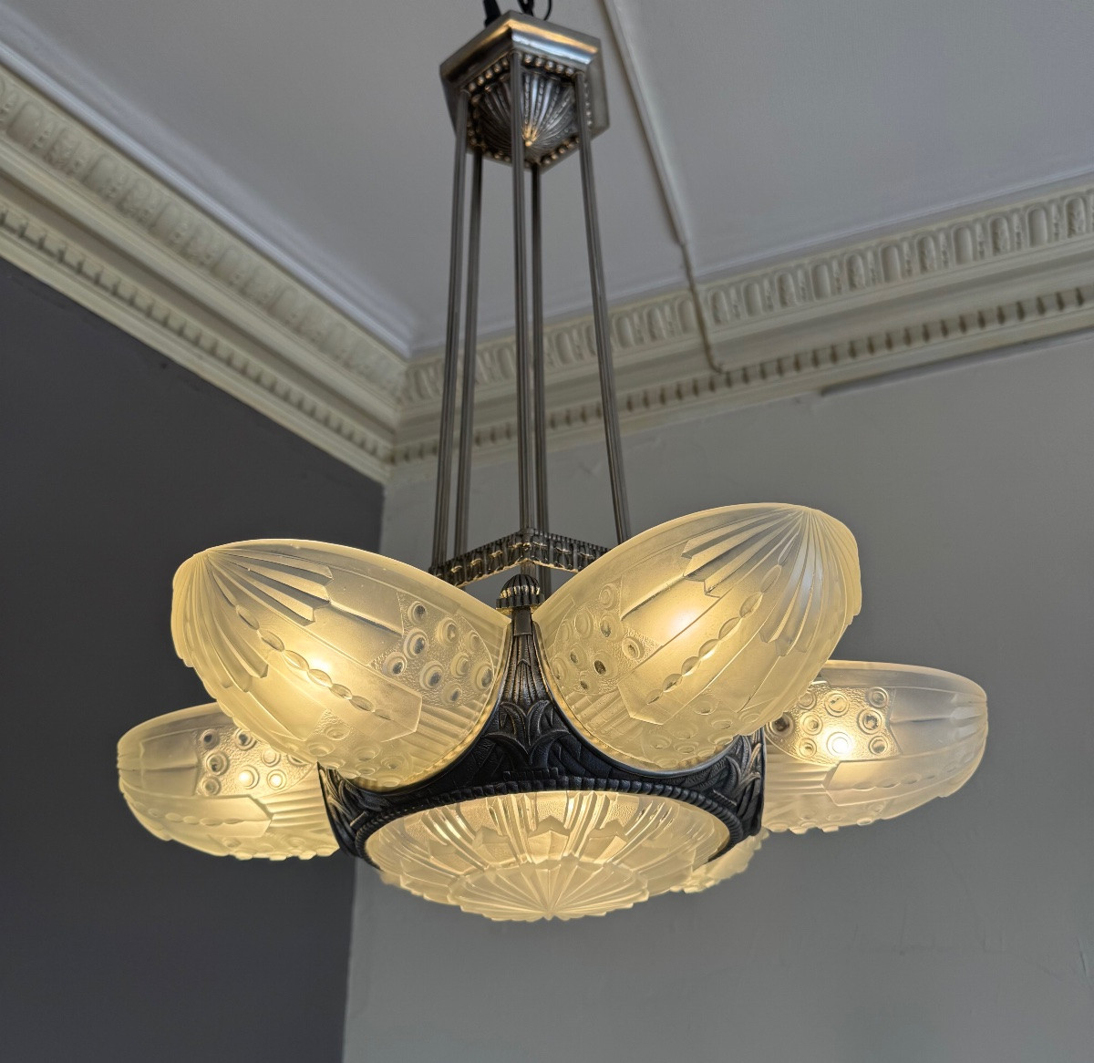 Exceptional Art Deco Chandelier Georges Leleu Numbered “lr 2220” / 7 Plates (art Deco 1930)-photo-1