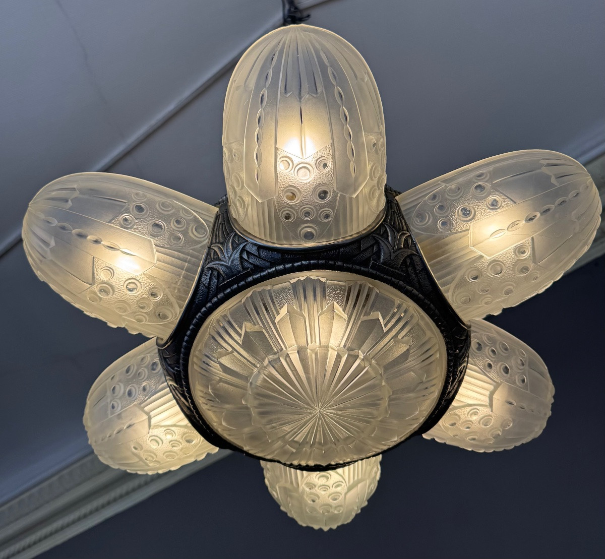 Exceptional Art Deco Chandelier Georges Leleu Numbered “lr 2220” / 7 Plates (art Deco 1930)-photo-2