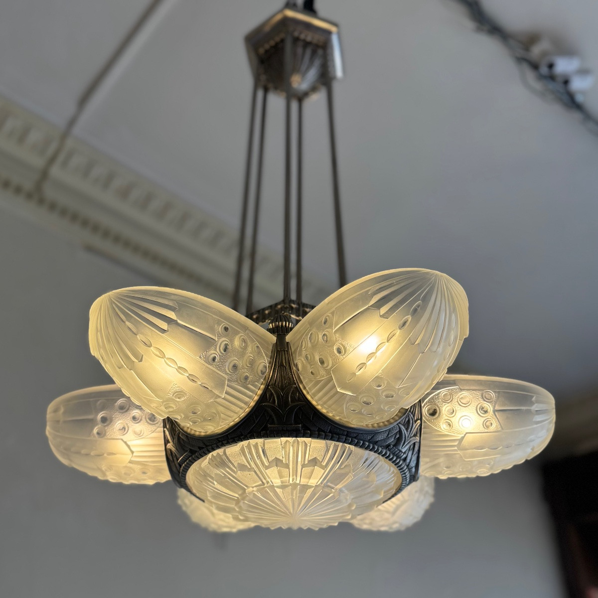 Exceptional Art Deco Chandelier Georges Leleu Numbered “lr 2220” / 7 Plates (art Deco 1930)-photo-3