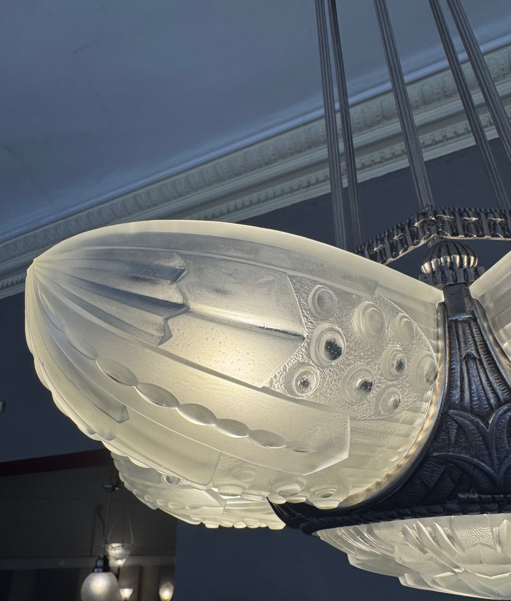 Exceptional Art Deco Chandelier Georges Leleu Numbered “lr 2220” / 7 Plates (art Deco 1930)-photo-4