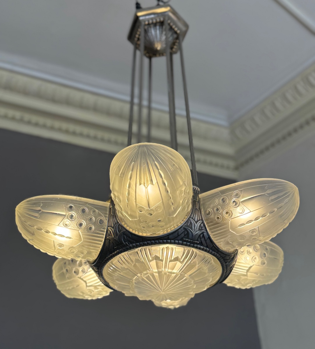 Exceptional Art Deco Chandelier Georges Leleu Numbered “lr 2220” / 7 Plates (art Deco 1930)