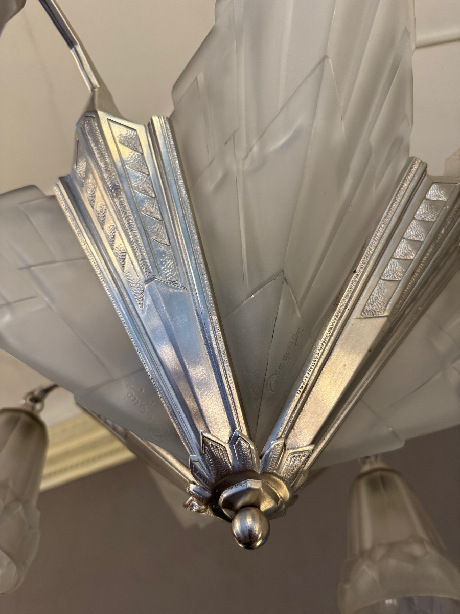 Art Deco Chandelier C. Jamain And Degué Signed / Matt Nickel-plated Bronze (art Deco Chandeliers 1930) -photo-7