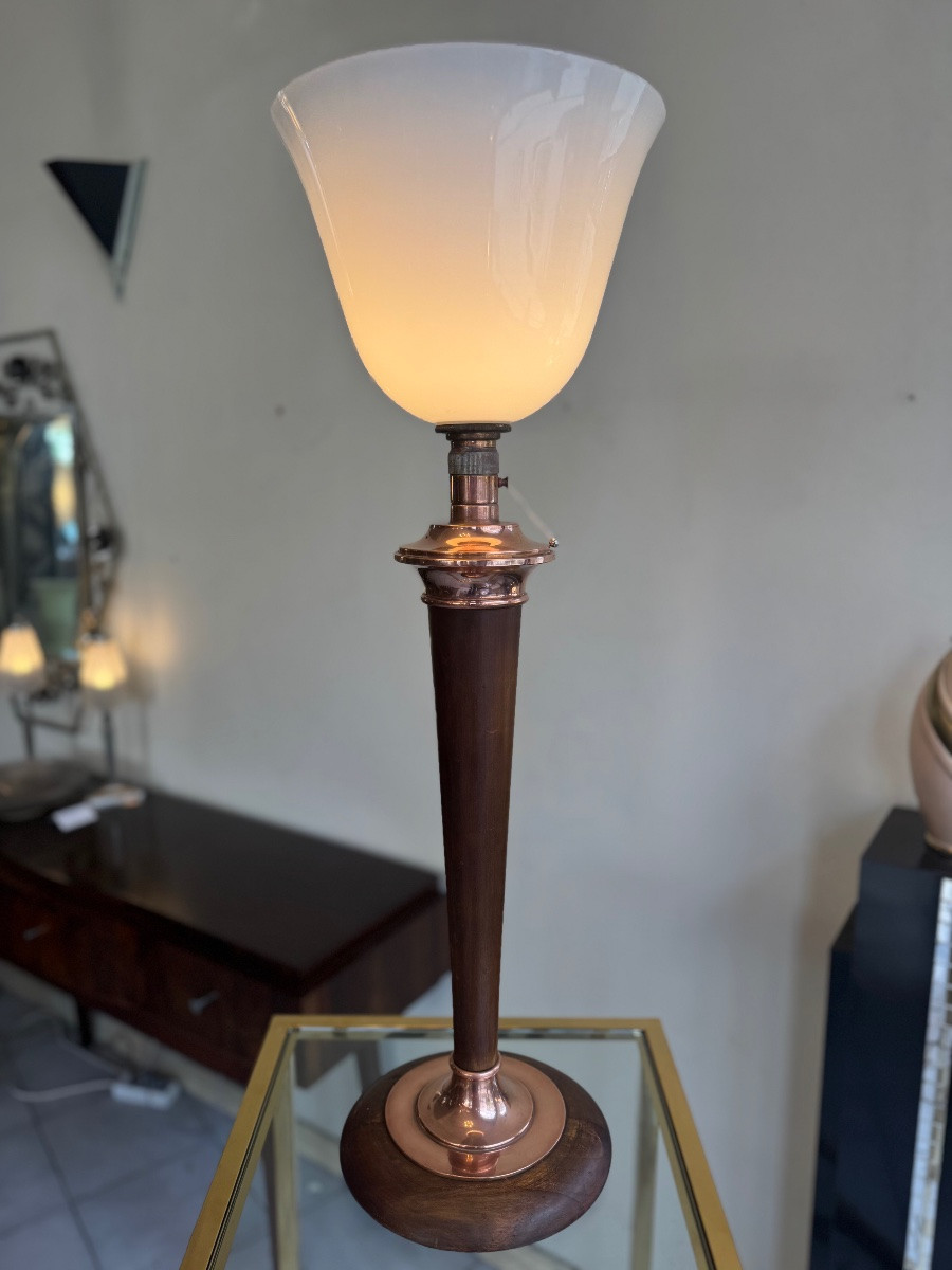 Large Mazda Art Deco Lamp In White Opaline, Walnut And Copper (1930s Art Deco Lamps) -photo-2