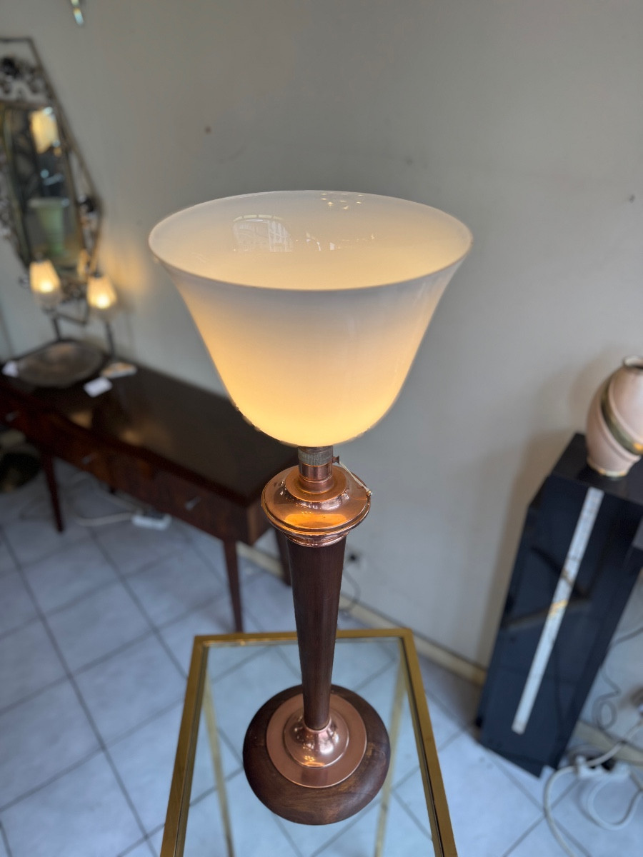 Large Mazda Art Deco Lamp In White Opaline, Walnut And Copper (1930s Art Deco Lamps) -photo-3